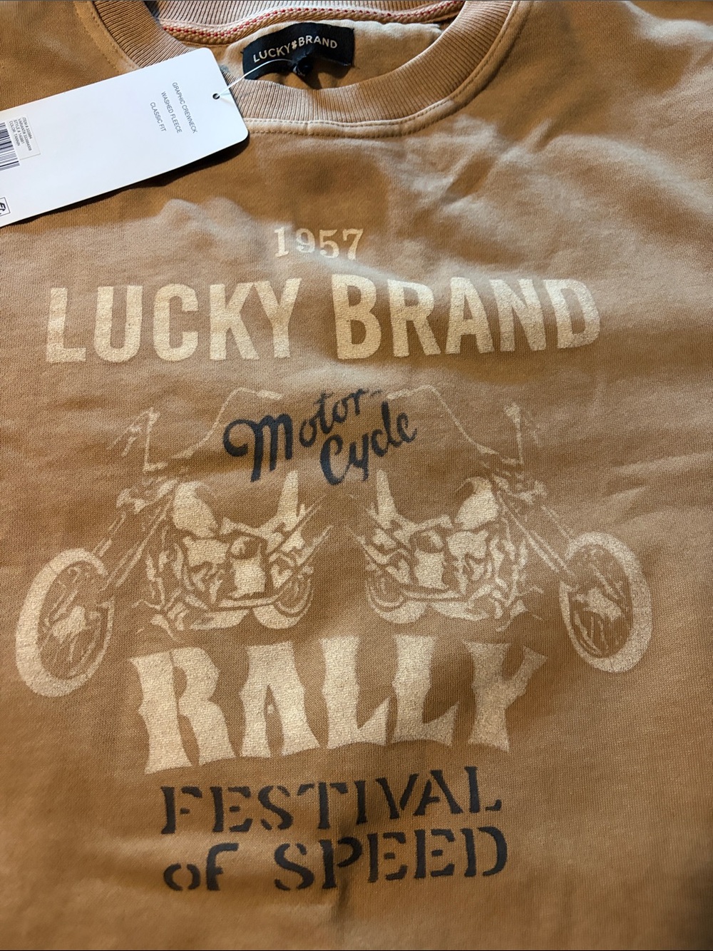 Lucky Brand Tan Graphic Rally Sweatshirt with Motorcycle Print